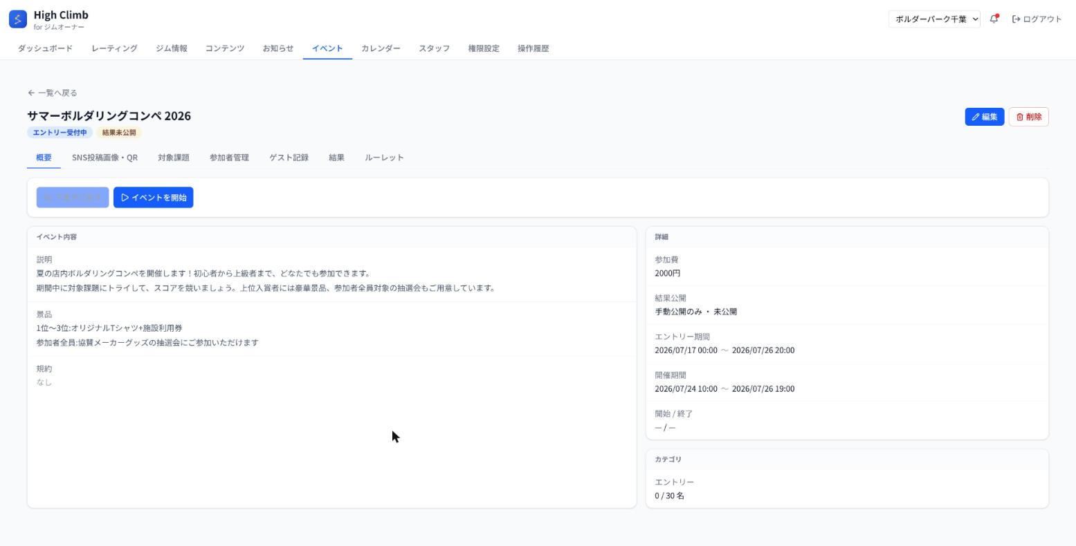 作成後の概要画面。設定内容の確認と、公開・開始・終了などの運営操作をここから行います。